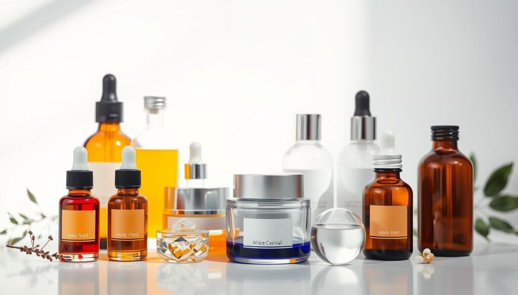 A beautifully lit, detailed still life composition showcasing the essential active ingredients for a daily skincare regimen. In the foreground, an array of clean, minimalist glass bottles and jars containing nourishing extracts, serums, and creams. The middle ground features a clean white background, highlighting the textures and hues of the products. Soft, diffused lighting from above casts gentle shadows, emphasizing the shapes and contours of the items. The overall mood is one of simplicity, purity, and sophistication, inviting the viewer to explore the key components of an effective daily skincare routine.