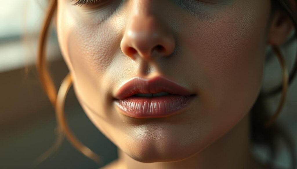 A close-up portrait of a woman's face, showcasing the delicate and sensitive complexion of sensitive skin. The skin appears translucent, with a soft, almost glowing quality, hinting at its fragility. The lighting is warm and diffused, creating a serene, contemplative atmosphere. The woman's features are rendered with a painterly, impressionistic style, emphasizing the subtle textures and nuances of the skin. The background is blurred, keeping the focus on the captivating details of the face. This image evokes a sense of vulnerability and the need for gentle, nourishing care for sensitive skin.