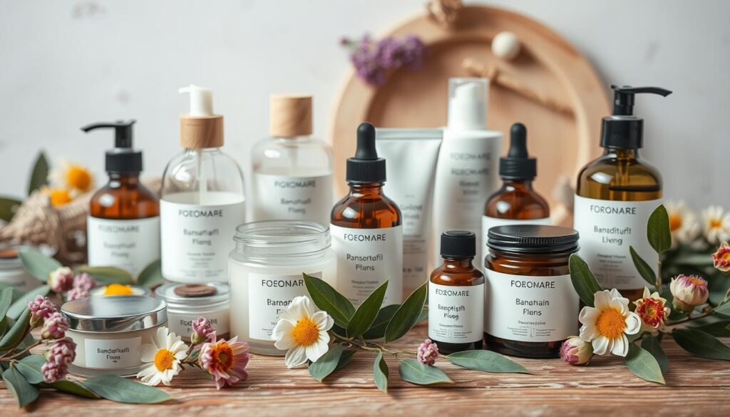 A close-up shot of a variety of natural cosmetic products, such as glass jars, bottles, and tubes, arranged on a wooden table with a soft, diffused lighting. The products feature minimal, organic-inspired packaging and labels, conveying a sense of purity and simplicity. The scene is complemented by the presence of fresh flowers, leaves, or other natural elements, creating a soothing, earthy atmosphere that emphasizes the natural and sustainable nature of the items. The overall composition is balanced and visually appealing, drawing the viewer's attention to the natural cosmetics as the focal point.