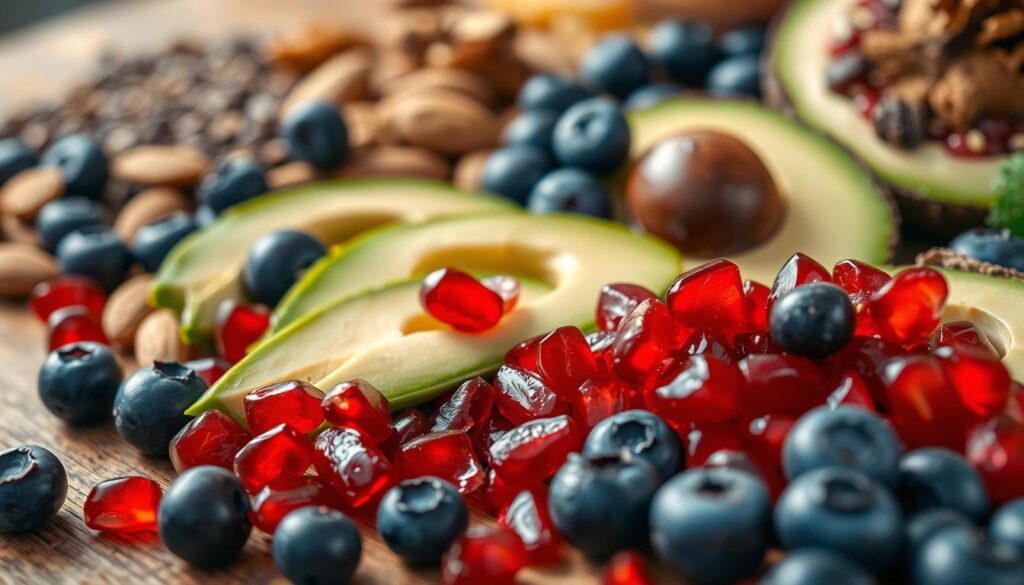 A close-up shot of an assortment of antioxidant-rich superfoods, artfully arranged on a wooden table. The foreground features vibrant red pomegranate seeds, juicy blueberries, and sliced avocado, glistening with a natural sheen. The middle ground showcases a selection of nuts and seeds, such as almonds, walnuts, and chia seeds, suggesting their beneficial properties for skin health. In the background, a soft, natural lighting creates a warm, inviting atmosphere, highlighting the rich colors and textures of the ingredients. The overall composition conveys the idea of a nourishing, skin-supporting diet, with the antioxidants taking center stage.