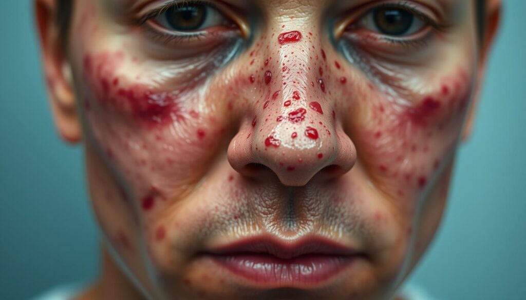 A close-up view of a human face with severe acne breakouts, capturing the various stages and types of blemishes, pimples, and inflammation across the forehead, cheeks, and chin. The skin appears oily and enlarged pores are visible, creating a textured, uneven surface. The lighting is soft and diffused, highlighting the imperfections without harsh shadows. The background is slightly blurred, keeping the focus on the detailed facial features. The overall mood is one of clinical examination, inviting the viewer to examine the causes and factors contributing to the acne condition depicted.