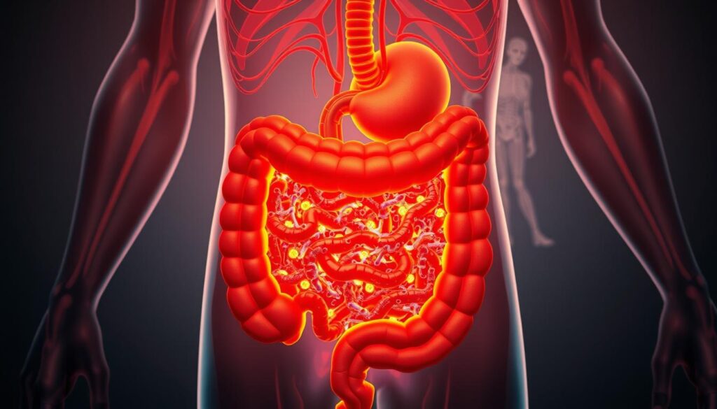 A detailed cross-section view of the human digestive system, showcasing the intricate relationship between the hormonal system and the gut microbiome. In the foreground, a central focus on the intestinal tract, with vibrant, colorful microorganisms populating the lumen. Behind it, the endocrine glands are depicted, emitting hormone-filled pathways that intertwine with the gut. The background features a minimalist, abstract representation of the nervous system, suggesting the connections between stress, hormones, and the gut. The lighting is soft and warm, creating a serene, contemplative atmosphere. The composition is balanced, with a clear emphasis on the key elements, conveying the pivotal role of the hormonal-microbiome axis in maintaining overall health.
