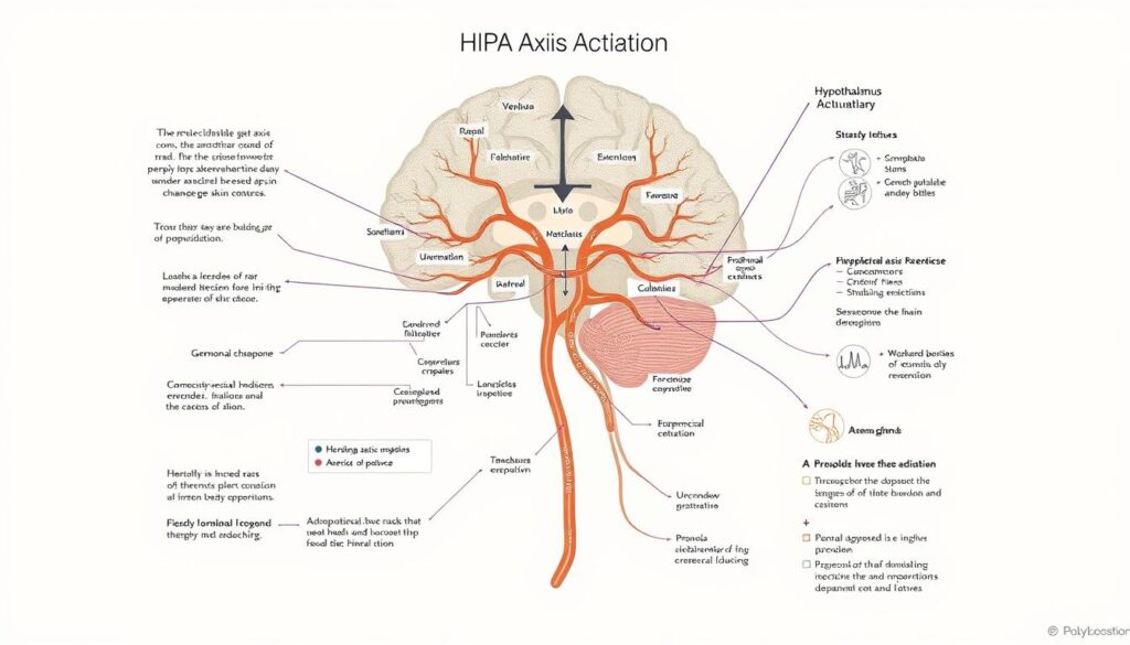 A detailed illustration of the HPA axis activation, depicting the intricate interactions between the hypothalamus, pituitary, and adrenal glands. The image should convey the complex physiological mechanisms underlying the stress response, with a focus on the hormonal cascades that lead to changes in skin condition. Rendered in a scientific, anatomical style using a muted color palette, the image should feature precise, labeled diagrams of the glandular structures and their interconnected pathways. The overall mood should be informative and visually compelling, conveying the significance of the HPA axis in skin health.