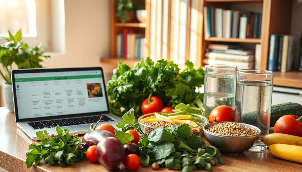 A kitchen counter filled with fresh produce and healthy ingredients - vibrant leafy greens, crisp vegetables, and whole grains. A laptop displays a weekly meal plan, while a glass of detox water sits nearby. Warm, natural lighting bathes the scene, creating a soothing atmosphere. In the background, a bookshelf holds volumes on nutrition and wellness. The overall impression is one of intentional preparation, a sense of mindfulness and care in the process of detoxifying the body.