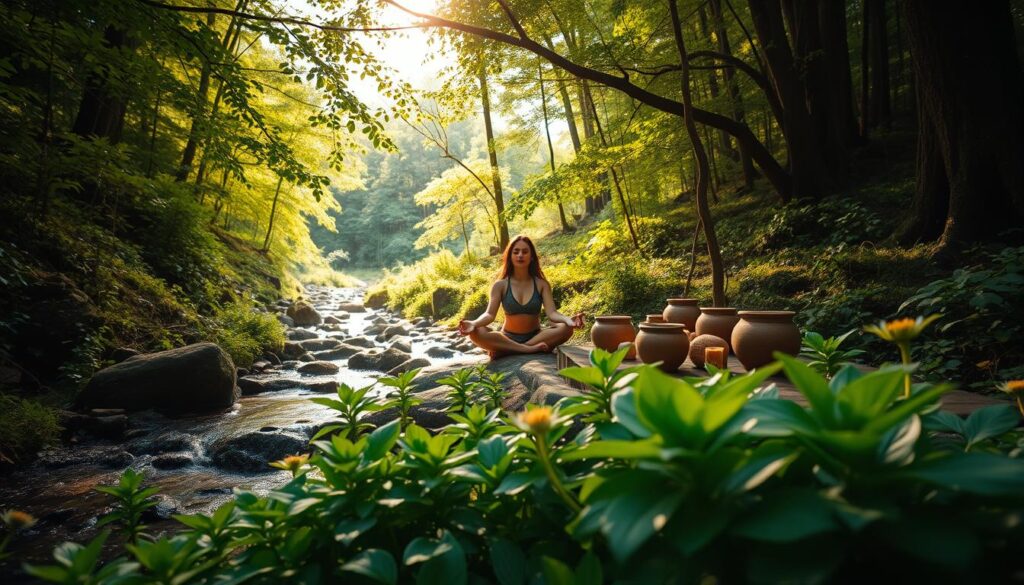 A lush, verdant forest glade with a serene stream flowing through it. Soft, diffused sunlight filters through the canopy, casting a warm, calming glow. In the foreground, a cluster of leafy, vibrant plants and herbs known for their detoxifying properties, such as dandelion, nettle, and milk thistle, grow abundantly. The middle ground reveals a person sitting in a meditative pose, eyes closed, as they engage in a natural cleansing ritual. Surrounding them, an array of earthenware vessels, botanical infusions, and natural sponges suggest a holistic, mindful approach to restoring the body's balance. In the background, the forest stretches out, hinting at the restorative powers of the natural world.