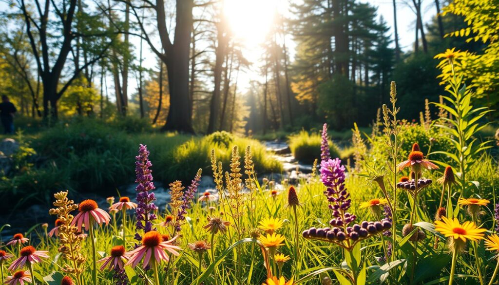 A lush, verdant meadow illuminated by warm, golden sunlight. In the foreground, an abundant array of vibrant medicinal herbs and plants - echinacea, elderberry, ginger, and more - arranged in a harmonious display. The middle ground features a serene woodland backdrop, with towering trees and a tranquil stream flowing nearby. The overall atmosphere conveys a sense of natural balance, rejuvenation, and the inherent power of nature to support the body's innate resilience. Captured with a wide-angle lens, the scene presents a calming, holistic vision of herbal wellness and immune system support.