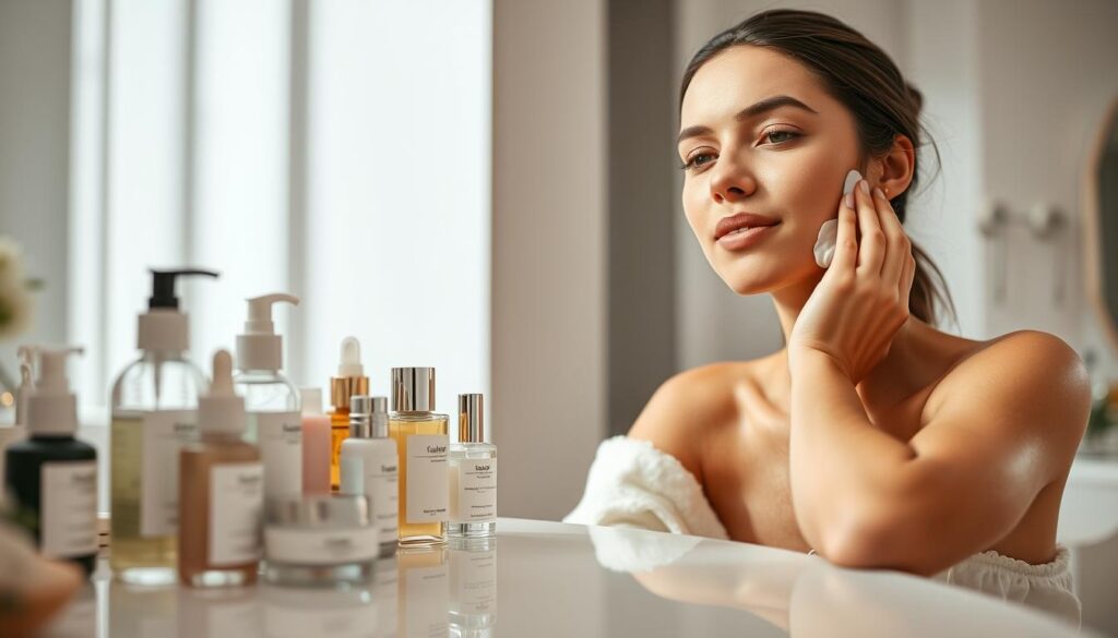 A pristine vanity table, meticulously arranged with a lineup of skincare products - serums, creams, and cleansers - against a soft, diffused light. In the foreground, a woman's hands gently massaging moisturizer into her glowing complexion, her expression one of calm focus. In the background, a minimalist bathroom interior with muted, neutral tones, creating a sense of tranquility and self-care. The scene is captured with a shallow depth of field, emphasizing the intentional, step-by-step nature of a daily facial routine.