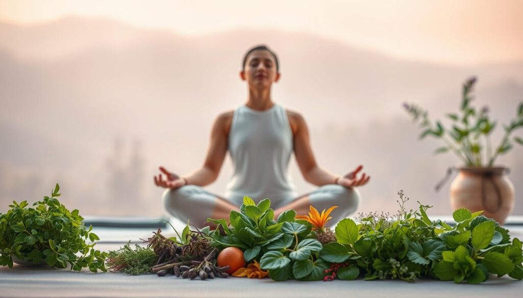A serene and tranquil scene depicting the process of detoxification. In the foreground, a person sits cross-legged, eyes closed, in a meditative pose, their aura emanating a sense of inner peace and cleansing. In the middle ground, a mix of fresh, vibrant herbs and plants are arranged in a calming display, their vibrant colors and natural textures symbolizing the rejuvenation of the body. The background features a soft, hazy landscape with a calming, natural palette, evoking a soothing, spa-like atmosphere. The lighting is soft and diffused, creating a warm, inviting ambiance that reinforces the sense of holistic well-being and restoration.