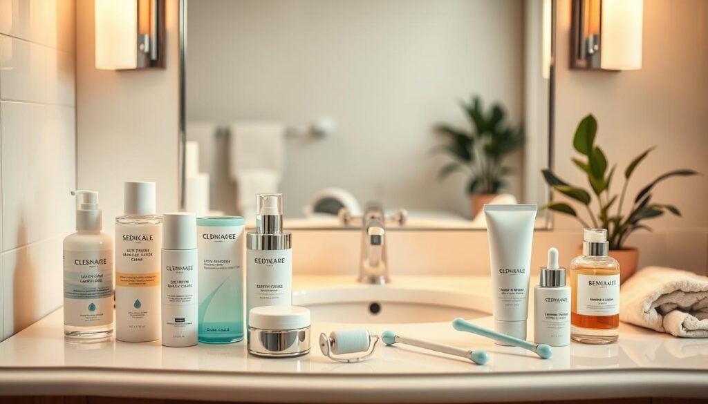 A serene bathroom setting with a elegant vanity, featuring various skincare products and tools for a daily facial care routine. Soft, warm lighting illuminates the scene, creating a relaxing and inviting atmosphere. In the foreground, neatly arranged cleansers, moisturizers, facial rollers, and other essential items used for thorough yet gentle cleansing, hydration, and rejuvenation of the skin. The middle ground showcases a clean, minimalist sink and mirror, reflecting the tranquil ambiance. The background subtly hints at the larger bathroom space, with subtle details like a plush towel or a potted plant, completing the naturalistic, spa-like feel. The overall composition aims to visually guide the viewer through the step-by-step process of a comprehensive daily facial care regimen.