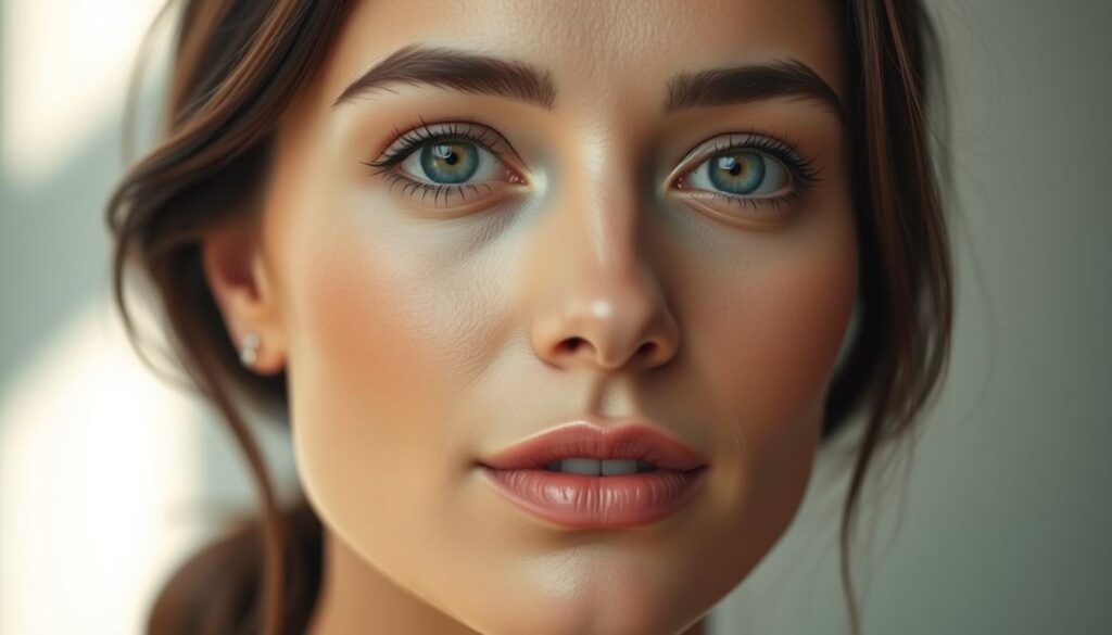 A serene, close-up portrait of an elegant woman's face, set against a softly blurred, ethereal background. Her skin glows with a healthy, radiant complexion, highlighting the natural beauty of her features. The lighting is soft and diffused, creating a sense of tranquility and introspection. The composition emphasizes the eyes, which convey a thoughtful, mindful expression, suggesting a deep connection with the practice of conscious skin care. The image evokes a sense of self-care, balance, and inner harmony, perfectly complementing the title "Wprowadzenie do świadomej pielęgnacji skóry".