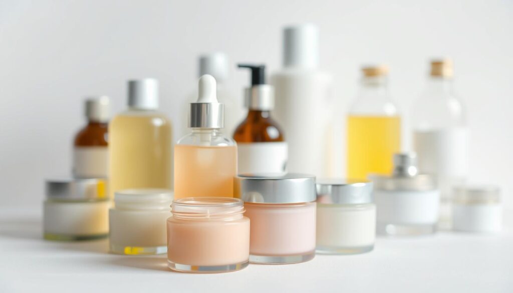 A serene, softly lit close-up of an arrangement of delicate skincare products on a white backdrop. In the foreground, a selection of natural, soothing facial creams, cleansers, and serums in pastel-toned bottles and jars, their shapes and textures highlighted by gentle, diffused lighting. The middle ground features blurred, out-of-focus bottles and containers, creating a sense of depth and emphasis on the key products. The background is a clean, minimalist white, allowing the products to take center stage and conveying a sense of simplicity and purity. The overall mood is one of tranquility, care, and thoughtful product selection for sensitive skin.