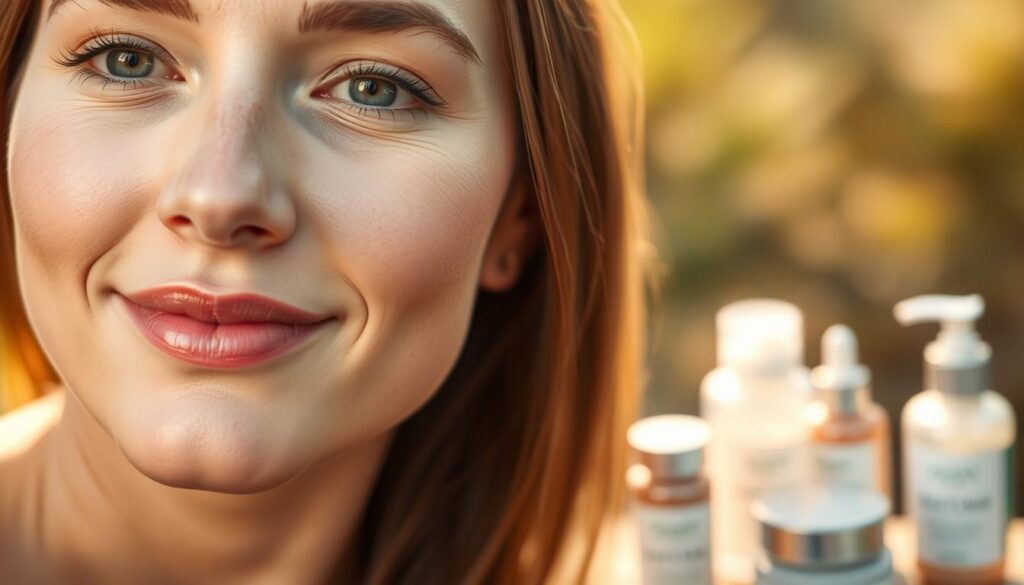 A serene, well-lit close-up of a woman's face, her skin glowing with healthy radiance. The foreground showcases her delicate facial features, with a slight smile and a peaceful, contemplative expression. The middle ground highlights her skincare routine, with various natural skincare products arranged artfully around her. The background is a soft, blurred natural setting, evoking a sense of tranquility and connection with nature. Warm, diffused lighting casts a gentle, flattering glow, enhancing the skin's texture and luminosity. The overall mood is one of mindful self-care, inviting the viewer to consider the importance of a thoughtful, natural approach to facial skincare.