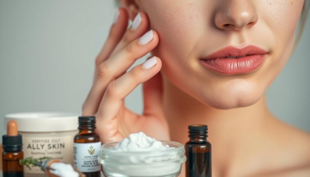 A serene, well-lit close-up of a woman's hand gently applying a natural, homemade skincare product to her face, which displays signs of mild acne and blemishes. The product's ingredients, such as essential oils, botanical extracts, and soothing clay, are visible in the foreground. The background is blurred, creating a focus on the delicate, nurturing act of skincare. The lighting is soft and diffused, lending a warm, calming atmosphere to the scene. The overall mood is one of self-care, simplicity, and the power of natural remedies to address common skin concerns like acne.