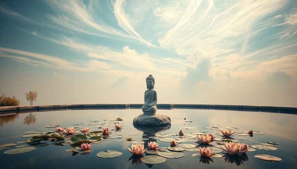 A serene zen garden, meticulously curated to reflect the harmony between the physical body and the contemplative mind. A tranquil pond with floating lotus blossoms reflects the sky above, while a weathered stone sculpture stands as a symbol of the delicate balance between the two. Warm, diffused lighting bathes the scene, creating a sense of inner peace and stillness. The composition is centered and symmetrical, emphasizing the notion of equilibrium. Wispy clouds drift overhead, hinting at the ever-changing nature of the mind. This idyllic landscape evokes a deep sense of mindfulness and the interconnectedness of the corporeal and the ethereal.