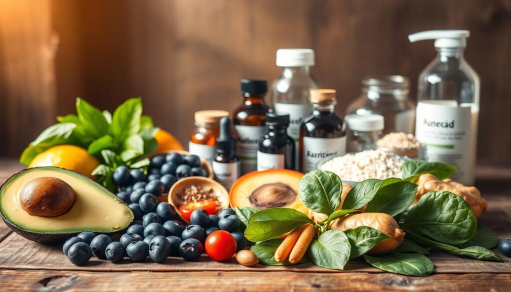 A still life featuring an assortment of nutrient-rich skin care ingredients arranged artfully on a rustic wooden surface. In the foreground, a selection of vibrant fruits and vegetables such as avocado, blueberries, and spinach leaves, conveying the natural, wholesome nature of these skin-nourishing components. In the middle ground, jars and bottles containing botanical extracts, essential oils, and powdered supplements, suggesting the diverse array of skincare-boosting nutrients. The background is softly blurred, placing the focus on the central ingredient display. Warm, natural lighting bathes the scene, creating a soothing, inviting atmosphere that highlights the beneficial properties of these key dietary elements for healthy, radiant skin.