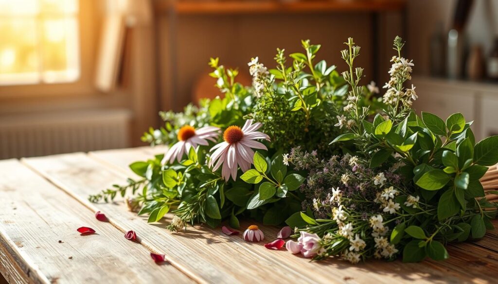 A sun-dappled, rustic still life featuring an assortment of fresh, vibrant herbs on a weathered wooden table. In the foreground, lush bundles of rosemary, thyme, echinacea, and elderflower are arranged artfully, their verdant leaves and delicate flowers illuminated by warm, soft lighting from an unseen window. In the middle ground, a few scattered sprigs and petals add a sense of natural, effortless elegance. The background is hazy, blurred, evoking a cozy, inviting atmosphere, the focus drawn to the nourishing, immunity-boosting herbs. The overall scene conveys the power and beauty of nature's gifts, a celebration of the simple pleasures that support wellbeing.