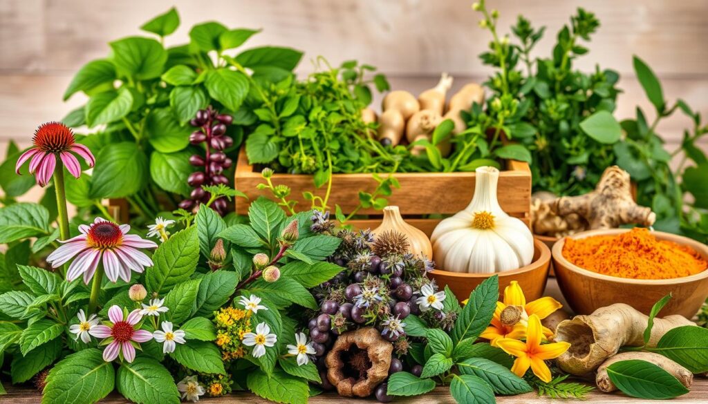 A vibrant composition showcasing an assortment of herbal plants known for their immune-boosting properties. In the foreground, an array of lush, green leaves and delicate flowers from various medicinal herbs, such as echinacea, elderberry, and ashwagandha, arranged in a natural, organic manner. In the middle ground, wooden crates or baskets filled with additional herbs and spices, like ginger, garlic, and turmeric, creating a rustic, earthy feel. The background features a soft, diffused lighting, creating a warm, welcoming atmosphere, with hints of natural textures like wood or stone, emphasizing the natural, holistic nature of the scene. The overall composition conveys a sense of vitality, wellness, and the power of nature-based remedies to support a strong, resilient immune system.