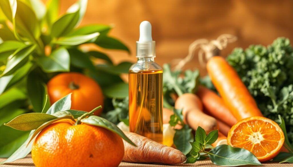 A vibrant still life scene showcasing the beauty and importance of vitamin A for healthy skin. In the foreground, a ripe orange against a backdrop of lush green leaves, symbolizing the natural richness of this essential nutrient. Centered, a glass bottle filled with a warm, golden serum, casting a soft glow onto the composition. The midground features an assortment of other vitamin A-rich produce, such as carrots, sweet potatoes, and leafy greens, all meticulously arranged to create a visually appealing and informative display. The background is softly blurred, allowing the primary elements to stand out and capture the viewer's attention. Warm, natural lighting illuminates the scene, enhancing the vibrant colors and textures. The overall mood is one of health, wellness, and the powerful benefits of vitamin A for radiant, glowing skin.