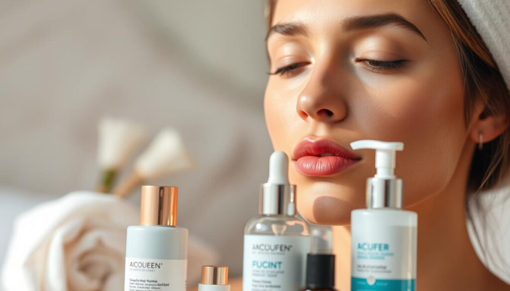 Prepare for flawless makeup application. A woman's serene face is the canvas, her skin glowing with a healthy, radiant complexion. Soft light caresses her features, highlighting the contours of her face. In the foreground, carefully selected skincare products stand ready - cleansers, toners, and moisturizers that gently exfoliate and nourish the delicate skin. The background suggests a tranquil, spa-like setting, with soothing neutral tones and a sense of calm. Every step in this routine aims to create the perfect base for the upcoming makeup, ensuring a smooth, even, and luminous complexion.
