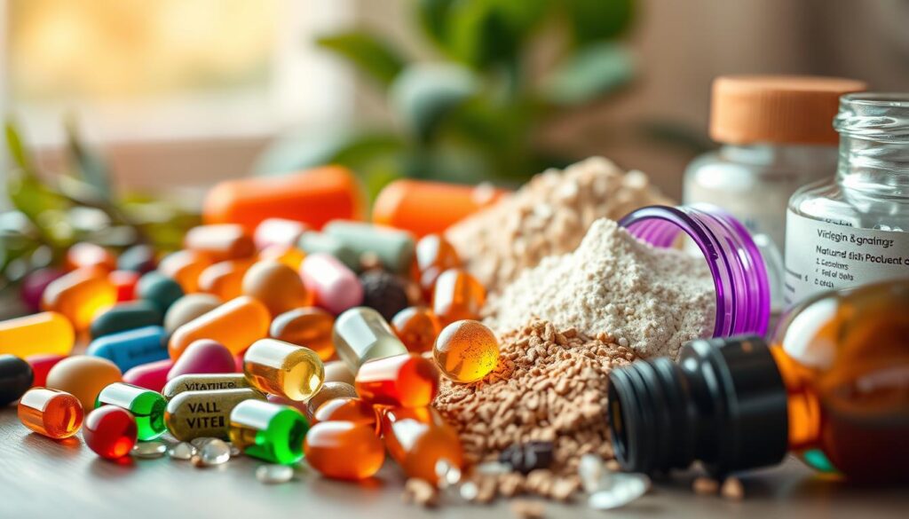 A close-up photograph showcasing a variety of active ingredients commonly found in skin-enhancing supplements. The foreground features an assortment of vibrant capsules, soft gels, and powders arranged in an aesthetically pleasing composition. The middle ground highlights the diverse natural components like vitamins, minerals, plant extracts, and omega-rich oils. The background is softly blurred, creating a sense of depth and focus on the primary subject. Warm, diffused lighting casts a natural, inviting glow over the scene, emphasizing the purity and efficacy of the supplements. The overall mood is one of health, vitality, and the power of nature-derived solutions for improving skin condition.