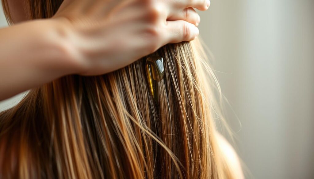 A close-up shot of a woman's hand gently applying a natural hair oil onto the ends of her long, healthy-looking hair. The hair strands glisten with the shimmering oil, which appears to have a warm, golden hue. The woman's face is out of frame, keeping the focus on the delicate oiling technique. The background is slightly blurred, creating a soft, ethereal atmosphere that emphasizes the calming, restorative nature of the hair care ritual. The lighting is soft and diffused, casting a gentle, flattering glow on the hair. The overall mood is one of tranquility, self-care, and the nurturing properties of natural hair oils.