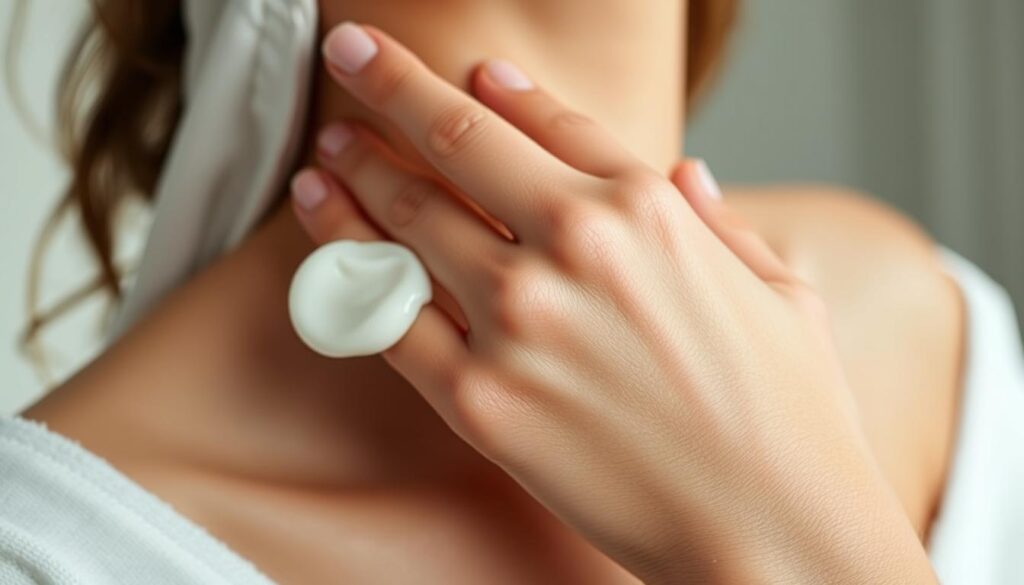 A close-up view of a woman's hand gently applying a nourishing moisturizer to her radiant, glowing skin. The skin's surface appears hydrated, supple, and smooth, reflecting the soft, diffused lighting. The background is blurred, placing the focus entirely on the skin's texture and the act of hydration. The scene conveys a sense of tranquility, self-care, and the importance of maintaining healthy, well-nourished skin.