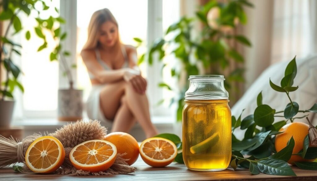 A cozy, natural scene depicting various effective home remedies for cellulite reduction. In the foreground, an arrangement of dry brushes, citrus fruits, and a glass jar filled with a homemade cellulite-fighting oil. The middle ground features a woman in comfortable loungewear massaging her legs with a gua sha tool, surrounded by lush, verdant foliage. In the background, a soothing, warm-toned window bathed in soft, diffused sunlight, hinting at the relaxing and rejuvenating nature of these natural cellulite-fighting methods. The overall mood is one of tranquility, wellness, and a sense of empowerment through simple, effective home remedies.