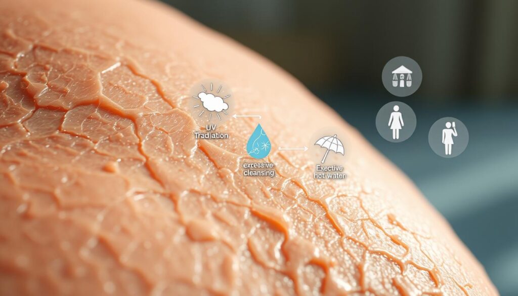 A detailed close-up view of the skin's surface, showcasing the key factors that contribute to dehydration. The foreground depicts the skin's outer layer, with visible cracks, flakiness, and loss of elasticity, highlighting the effects of low moisture levels. The middle ground features microscopic representations of environmental stressors, such as harsh winds, UV radiation, and low humidity, which deplete the skin's natural oils and water content. In the background, subtle illustrations of lifestyle habits, like excessive cleansing, hot showers, and poor dietary choices, cast shadows on the skin's health and hydration status. The lighting is soft and diffused, creating a clinical yet informative atmosphere, allowing the viewer to understand the multifaceted nature of factors contributing to skin dehydration.