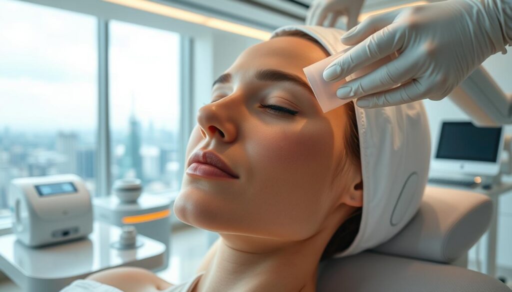 A minimalist, high-tech facial rejuvenation procedure in a sleek, modern medical setting. In the foreground, a close-up view of a patient's face being gently lifted and tightened by advanced, non-invasive technologies - laser beams, electromagnetic fields, or ultrasound waves. The mid-ground features state-of-the-art medical equipment, smooth surfaces, and a clinical yet serene atmosphere. In the background, a panoramic view of the city skyline through large windows, conveying a sense of progress and innovation. Soft, diffused lighting bathes the entire scene in a warm, welcoming glow, highlighting the cutting-edge nature of the facial enhancement techniques on display.