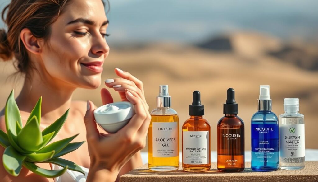 A serene and tranquil scene, showcasing the importance of skincare after sun exposure. In the foreground, a woman's hands gently applying a moisturizing cream to her face, her skin glowing with a sun-kissed radiance. In the middle ground, an assortment of skincare products - soothing aloe vera gel, nourishing face oils, and refreshing mists - symbolizing the essential steps to restore and rejuvenate the skin. The background features a soft, blurred landscape, hinting at the idea of relaxation and self-care. The overall mood is one of calmness and well-being, emphasizing the necessity of post-sun pampering for a healthy, vibrant complexion.