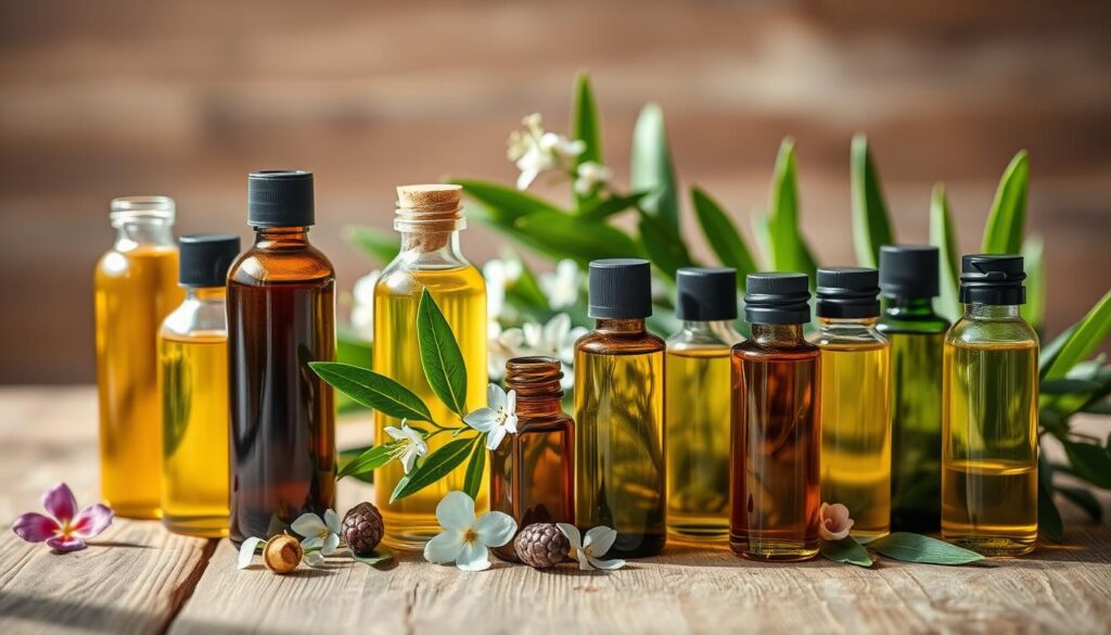 A serene arrangement of various natural hair oils meticulously displayed on a wooden surface. The foreground features a selection of glass bottles filled with different oils, arranged in an aesthetically pleasing manner. The middle ground showcases the textures and colors of the oils, complemented by lush, green leaves and delicate floral accents. The background is slightly blurred, creating a sense of depth and focus on the oils. The lighting is soft and natural, casting gentle shadows and highlighting the translucent qualities of the liquids. The overall mood is calming and inviting, reflecting the soothing and nourishing properties of the natural hair care products.