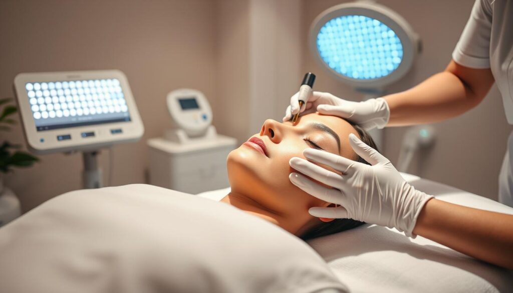 A serene, well-lit medical spa setting. In the foreground, a patient reclines comfortably on a treatment table, undergoing a non-invasive skin rejuvenation procedure. The technician's hands, adorned with medical gloves, gently glide across the patient's face, applying a specialized lifting serum. The middle ground showcases state-of-the-art aesthetic equipment, including an LED light therapy panel and a high-frequency skin tightening device. The background features soft, neutral-toned decor, creating a soothing, spa-like atmosphere. Subtle shadows and highlights accentuate the subject's features, conveying a sense of relaxation and rejuvenation.