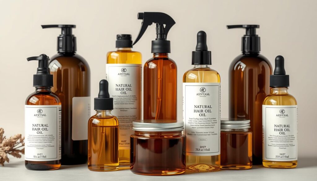 A still life arrangement of various natural hair oils and serums in glass bottles and jars, artfully displayed on a neutral-colored background. The bottles are positioned to create a harmonious, visually appealing composition, with the lighting subtly highlighting the translucent textures and warm tones of the oils. The focus is on the products themselves, conveying a sense of quality, purity, and the benefits of using natural ingredients for hair care. The overall mood is one of serenity, sophistication, and a celebration of nature's restorative properties.