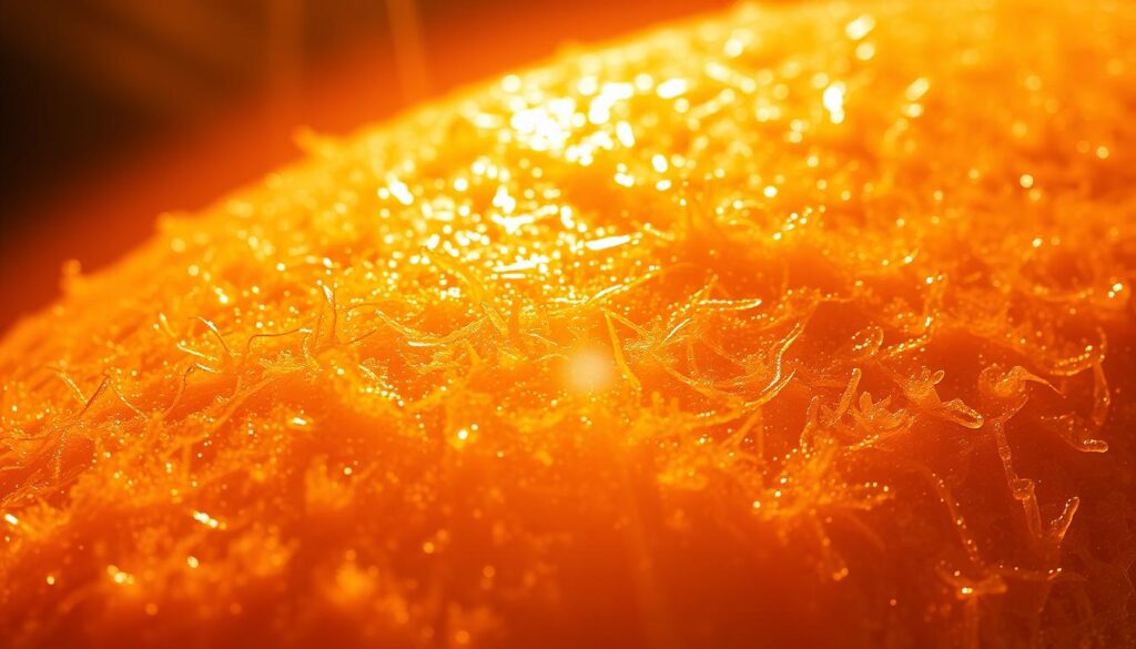 A sun-kissed epidermis bathed in warm, golden light. Delicate skin cells absorbing the electromagnetic energy, a molecular dance of photons and melanin. Vibrant capillaries pulsing beneath the surface, carrying nutrients to nourish the dermis. Wispy strands of collagen and elastin stretch and flex, resilient against the solar onslaught. Sweat glands activate, secreting a protective mantle of perspiration. Pores dilate, allowing toxins to escape as the body regulates its temperature. A glowing, healthy glow radiates outward, a testament to the skin's adaptive power in the face of solar radiation.