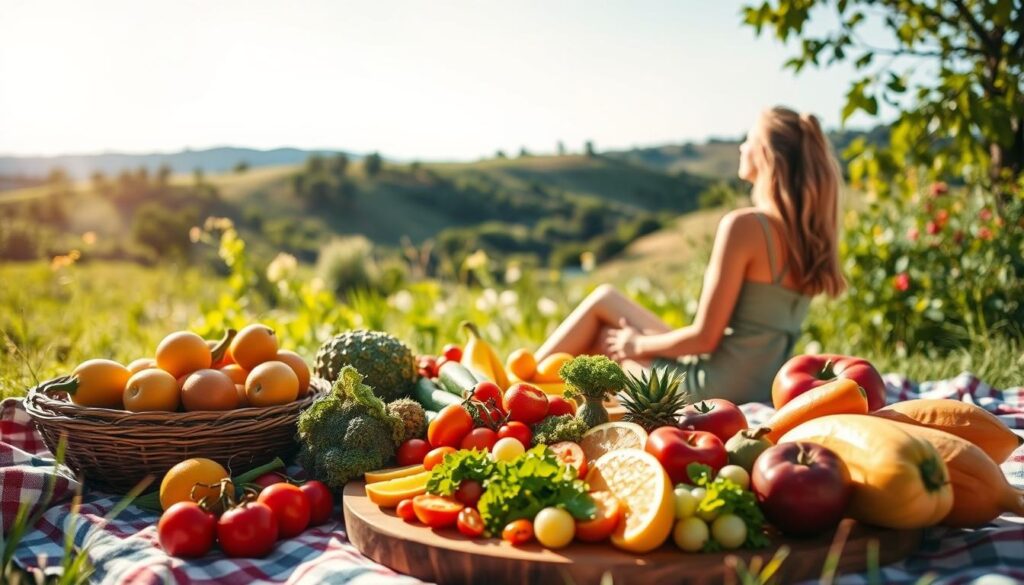 A vibrant, lush garden scene with a woman sitting on a picnic blanket, enjoying a healthy, balanced meal. The foreground features a variety of fresh, colorful fruits and vegetables, artfully arranged on a wooden platter. In the middle ground, the woman is depicted in a relaxed, contemplative pose, wearing comfortable, natural-toned clothing. The background showcases a serene, sun-dappled landscape with rolling hills, lush greenery, and a clear blue sky. The lighting is soft and warm, creating a sense of tranquility and well-being. The overall atmosphere conveys a message of healthy living, balance, and the natural connection between diet and the reduction of cellulite.