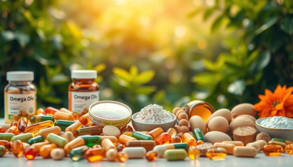 A vibrant still life depicting a variety of health supplements for skin nourishment. In the foreground, an array of diverse capsules, tablets, and soft gels in shades of orange, green, and tan. The middle ground showcases a selection of natural ingredients like omega-3 fish oils, vitamin E, and collagen powder. In the background, a soft-focus landscape of lush, verdant foliage provides a serene, nature-inspired setting. The lighting is warm and diffused, casting a gentle glow on the arrangement. The overall composition conveys a sense of wellness, vitality, and the benefits of holistic skin care through targeted supplementation.
