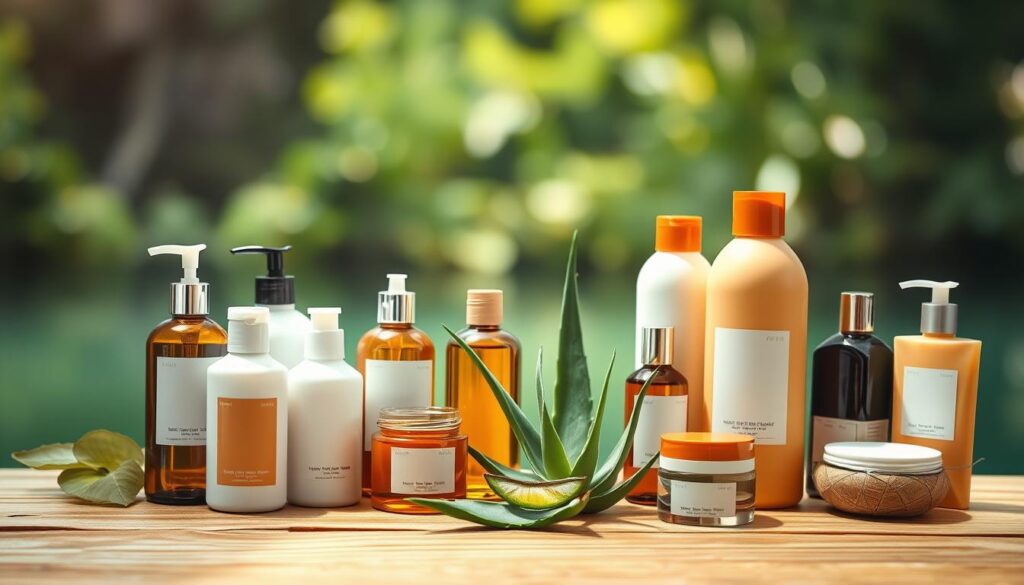 A well-organized arrangement of moisturizing lotions, oils, and creams on a natural wooden surface. The foreground features an array of sunscreen bottles and jars in warm, earthy tones, creating a relaxing, spa-like atmosphere. The middle ground showcases a few aloe vera leaves, symbolizing the soothing properties of post-sun skincare. The background softly fades into a serene, blurred natural environment, suggesting a tranquil, outdoor setting. Lighting is soft and diffused, highlighting the textures and colors of the skincare products. The overall mood is one of rejuvenation and self-care after sun exposure.