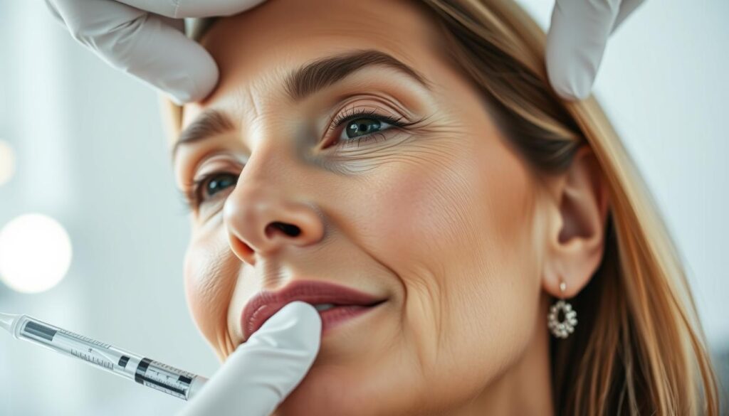 Detailed close-up portrait of a mature woman's face undergoing a non-surgical volumetric lifting procedure. Soft, even lighting illuminates her serene, youthful expression as cosmetic injections gradually restore volume and contour to her skin. The medium focal length lens compresses the perspective, creating a sense of intimacy. The background is pleasantly blurred, keeping the focus on the subject's face and the subtle rejuvenation process. An atmosphere of natural, effortless beauty and relaxation pervades the scene.