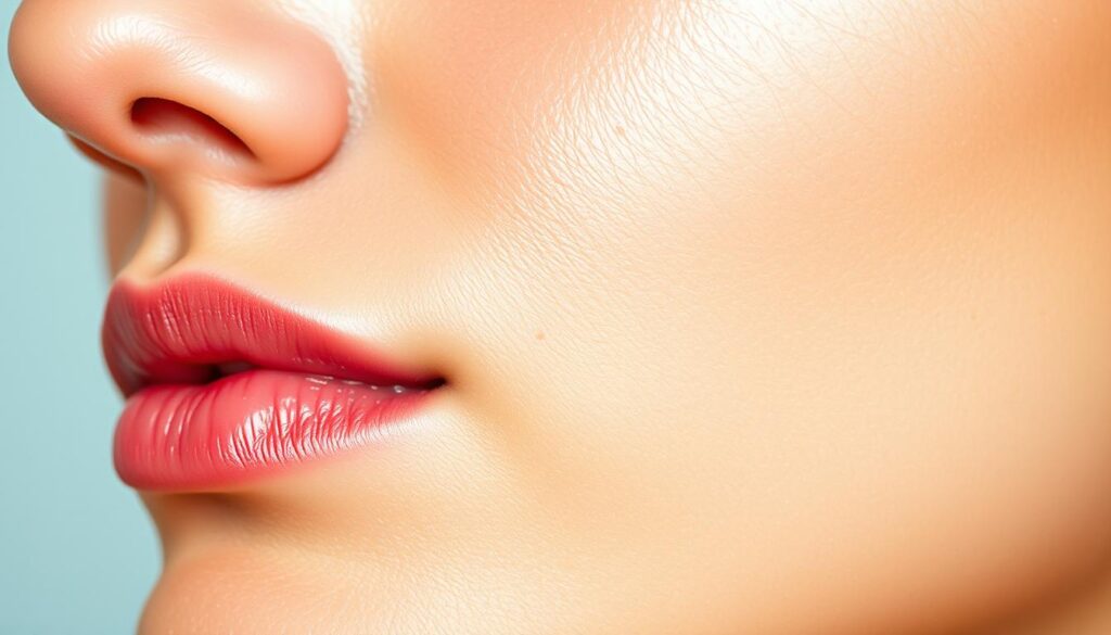 a detailed close-up of healthy, hydrated human skin with a glowing, radiant complexion, showcasing the effects of proper skin moisturization. The skin texture appears smooth, supple, and vibrant, with a subtle sheen that reflects the light. The image should have a calming, serene atmosphere, conveying the rejuvenating and revitalizing benefits of well-hydrated skin. Use a soft, diffused lighting setup to highlight the luminous quality of the skin. Frame the image to emphasize the delicate details and clarity of the skin's surface. Capture the essence of skin health and the importance of proper skin hydration.