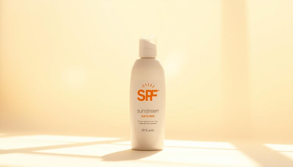 A bottle of sunscreen lotion with an SPF filter, standing prominently in the foreground against a hazy, warm-toned backdrop. The product is presented in a clean, well-lit studio setting, with natural lighting casting soft shadows that accentuate the contours and texture of the bottle. The label on the sunscreen is clearly visible, showcasing the "SPF" label in a bold, legible font. The overall composition conveys a sense of simplicity, quality, and efficacy, reflecting the idea of safe and effective sun protection during the summer in Poland.