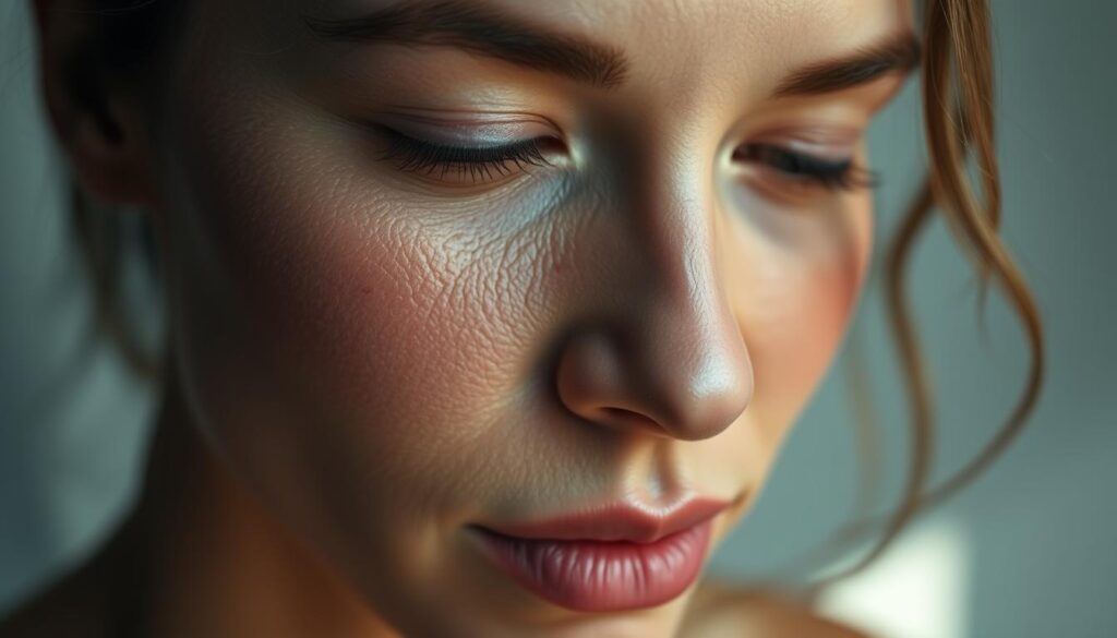 A close-up portrait of a woman's face, capturing the varied textures and features that define her unique skin type. Soft, diffused lighting illuminates her complexion, revealing the subtle nuances of her pores, fine lines, and natural blemishes. The mid-ground focuses on the contours of her cheeks, nose, and jawline, while the background gently fades into a dreamy, ethereal blur. The overall mood is one of serene introspection, inviting the viewer to observe and appreciate the individuality of her skin.