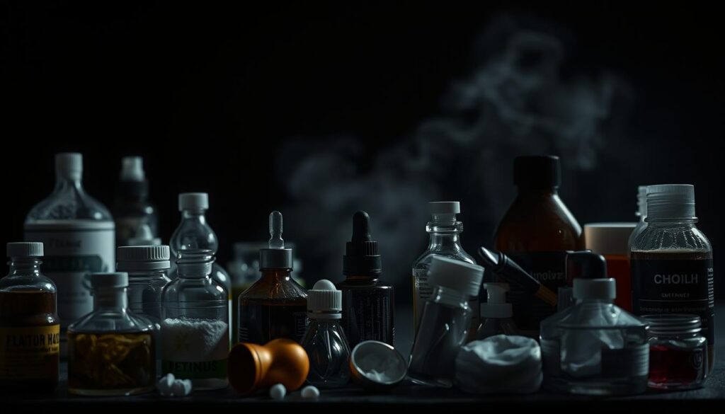 A close-up shot of an assortment of harmful cosmetic ingredients against a dark, ominous background. In the foreground, various chemicals, toxins, and potentially hazardous substances are prominently displayed, casting unsettling shadows. The middle ground features a sense of unease, with a subtle, hazy blur suggesting the hidden dangers lurking within these common cosmetic products. The background is shrouded in a somber, almost foreboding atmosphere, emphasizing the gravity of the situation and the need to be vigilant about the safety of personal care items. Dramatic lighting accentuates the sinister nature of the harmful ingredients, conveying a sense of warning and the importance of consumer awareness.