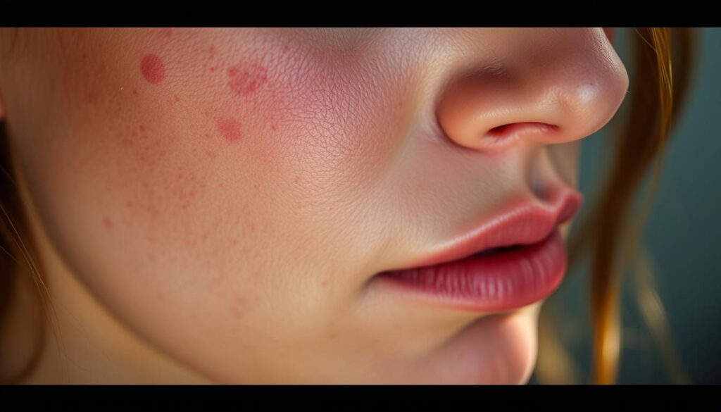 A close-up view of a woman's face, illuminated by soft, natural lighting. The skin appears uneven, with reddish patches, blemishes, and visible pores, indicative of hormonal imbalances. The background is blurred, keeping the focus on the intricate details of the complexion. The mood is one of subtle concern, hinting at the impact of hormonal disorders on the skin's appearance and overall wellbeing.
