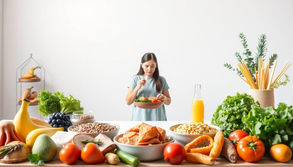 A crisp, clean-cut illustration of a "dieta eliminacyjna" or elimination diet. In the foreground, a selection of wholesome, natural foods - fresh fruits and vegetables, lean proteins, whole grains - arranged in a visually appealing still life. The middle ground showcases a person enjoying a healthy, balanced meal, embodying the principles of the elimination diet. In the background, a minimalist, airy setting with soft, natural lighting, creating a serene, wellness-focused atmosphere. The overall composition conveys the concept of an elimination diet as a holistic, nourishing approach to dietary well-being.