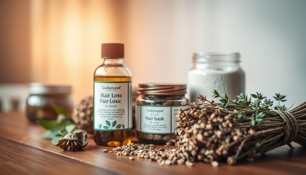 A detailed close-up photograph of an array of natural hair loss prevention remedies, including a bottle of hair tonic, a jar of hair masks, and a bundle of herbs on a wooden table. The lighting is warm and diffused, creating a calming and inviting atmosphere. The focus is sharp, emphasizing the texture and quality of the products. The composition is balanced, with the items arranged in an aesthetically pleasing manner. The overall mood is one of natural, holistic solutions to the problem of excessive hair loss.