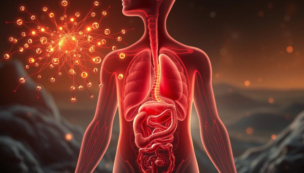 A detailed cross-section illustration depicting the intricate role of hormones within the human body. The foreground showcases an intricate network of glandular structures, such as the thyroid, adrenal, and pituitary glands, each emitting glowing streams of hormones. The middle ground features a serene, anatomical representation of the body's major organs, subtly influenced by the hormonal activity. The background is a softly-lit, scientific landscape, with a sense of balance and harmony, reflecting the delicate equilibrium of the endocrine system. The lighting is warm and inviting, with a slight cinematic quality, emphasizing the importance and beauty of the body's hormonal regulation. The overall composition conveys a sense of wonder and reverence for the intricate dance of hormones that sustains human health and vitality.