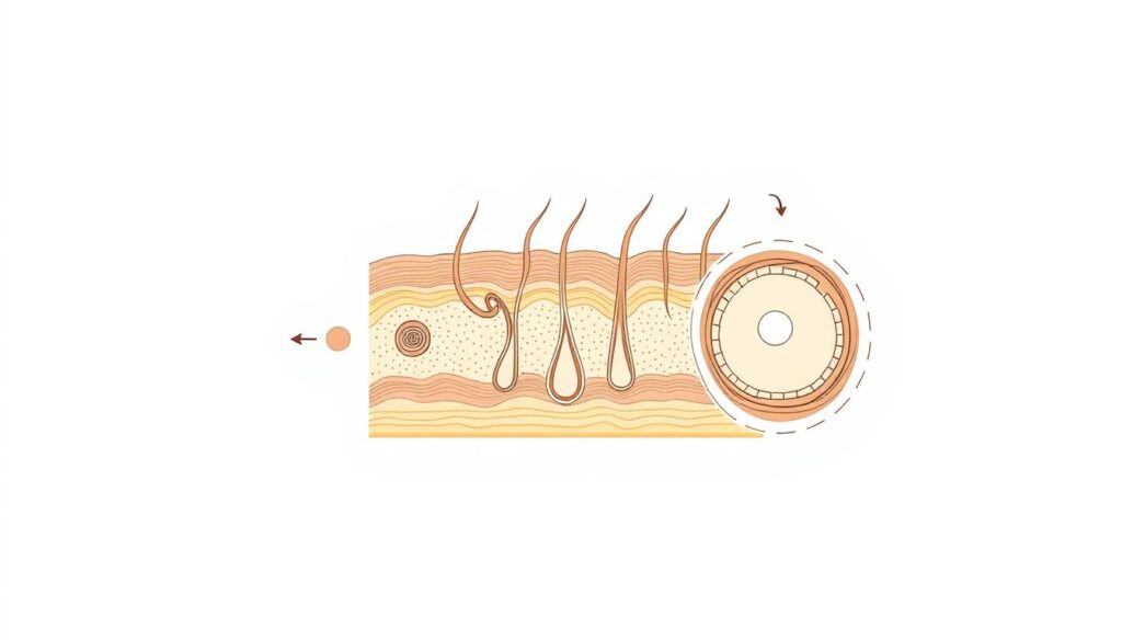 A detailed cross-section illustration showcasing the hair growth cycle. A bright, scientific diagram depicting the various stages of hair follicle development, from the dermal papilla to the sebaceous gland, against a clean, neutral background. Rendered with precise, technical linework and subtle shading to convey depth and structure. The composition emphasizes the cyclical nature of hair growth, using clean geometric shapes and an uncluttered layout to clearly communicate the key biological processes involved. A carefully considered balance of realism and diagrammatic simplicity, suitable for educational or informative purposes.