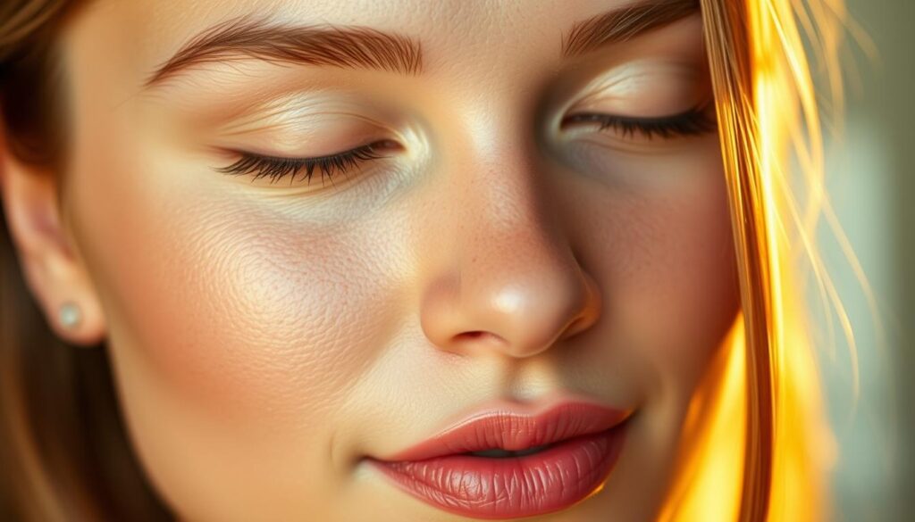 A glowing, healthy complexion with an even, radiant tone. Smooth, supple skin that appears nourished and youthful. Pores that are barely visible, giving a flawless, porcelain-like finish. Subtle highlights across the cheekbones and nose, creating a natural, lit-from-within glow. Warm, golden lighting accentuating the skin's natural luminosity. A tranquil, serene expression conveying inner balance and wellbeing. The image should embody the concept of "zdrowa skóra" - a vibrant, resilient complexion that reflects holistic health.