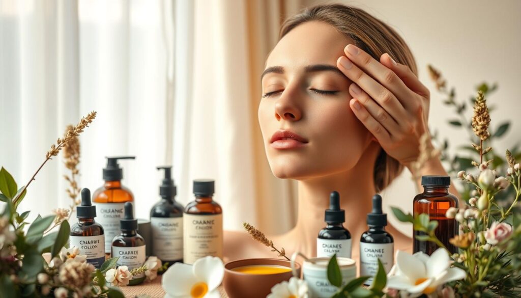 A lush, serene scene showcasing the intricate process of comprehensive skin care. In the foreground, delicate hands gently massaging a serene model's face, applying nourishing oils and creams. The middle ground reveals an array of organic, plant-based skincare products, their colors and textures harmonizing to evoke a sense of balance and rejuvenation. In the background, a soft, diffused light filters through airy curtains, casting a warm, soothing glow over the entire composition. The overall mood is one of tranquility, self-care, and the restorative power of a holistic skincare routine.