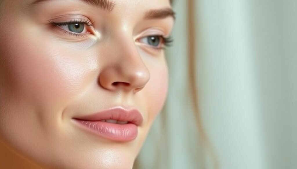 A serene, close-up portrait showcasing the natural beauty of healthy skin. In the foreground, smooth and glowing complexion, radiant with an inner luminance. Midground captures delicate, balanced facial features - eyes, lips, and nose in natural harmony. The background fades gently, hinting at a tranquil, naturally-lit environment that complements the subject's tranquil, well-rested demeanor. Soft, diffused lighting caresses the skin, emphasizing its supple, youthful texture. The overall mood is one of effortless elegance, reflecting the symbiotic relationship between hormonal balance and skin vitality.